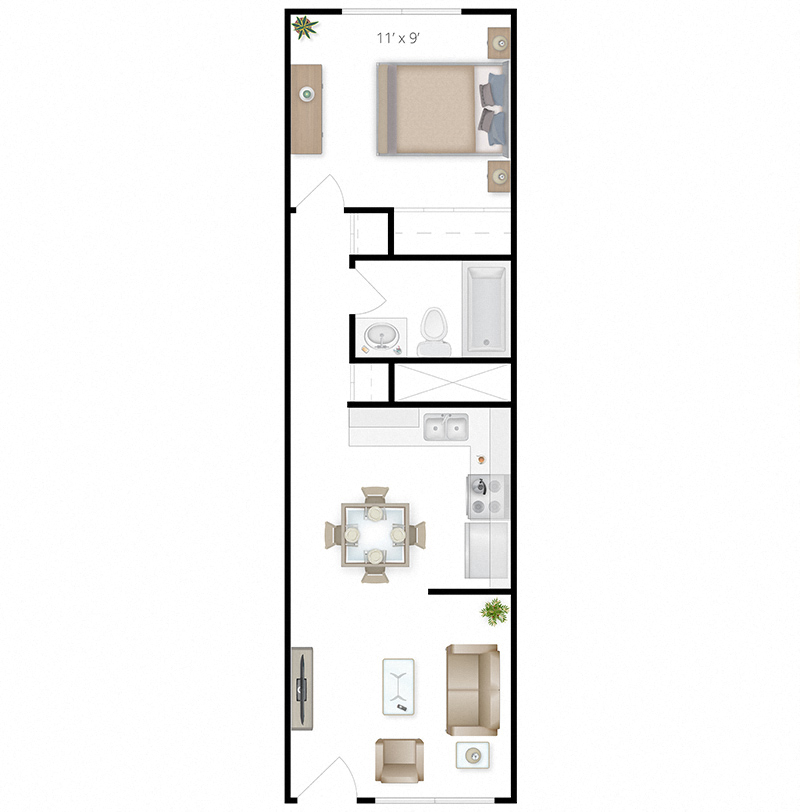 A floor plan of a one bedroom home at The Lakes Apartments, Washington